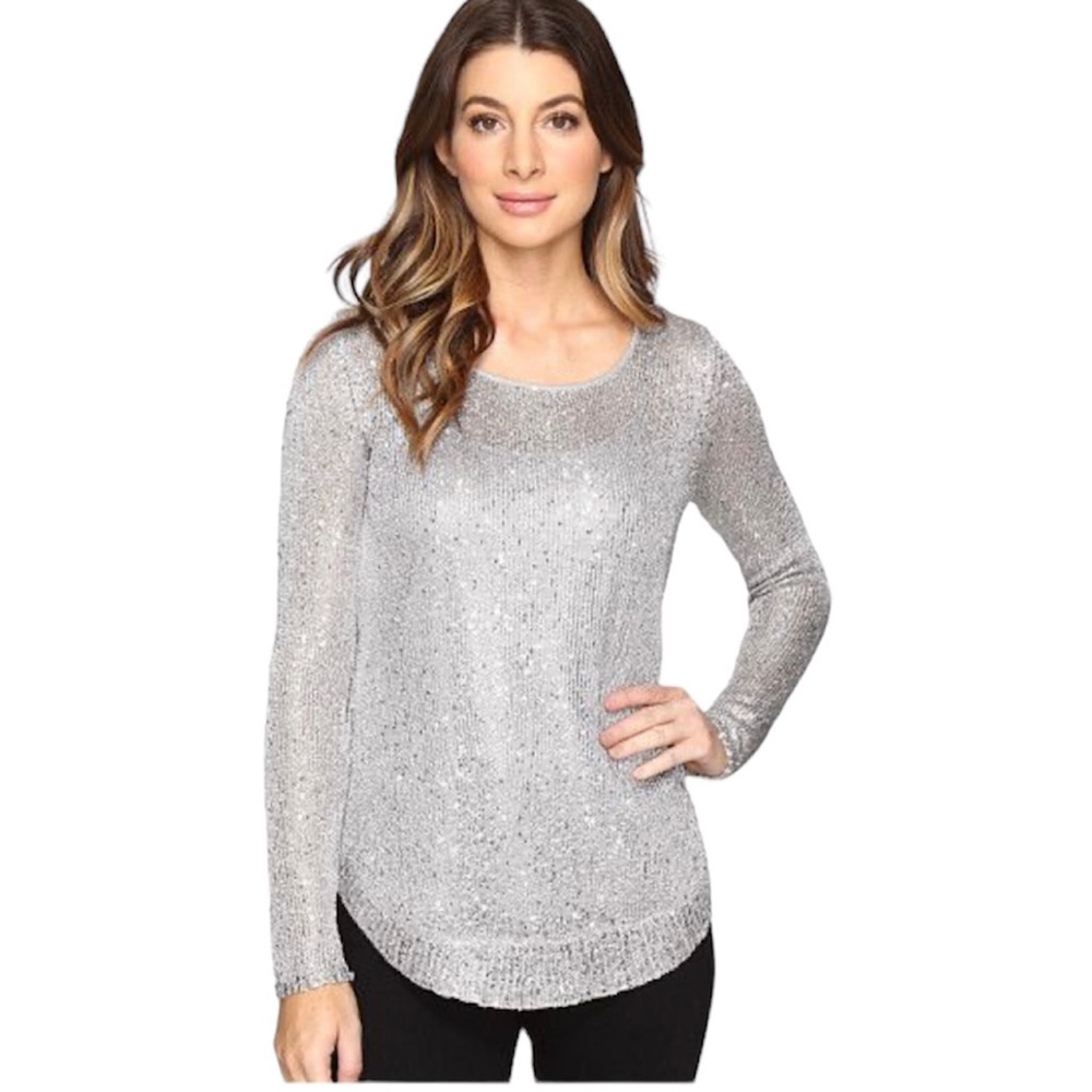 Catherine Silver Sequin Top Sweater Attached Camisole Party S Holiday NYE Bling